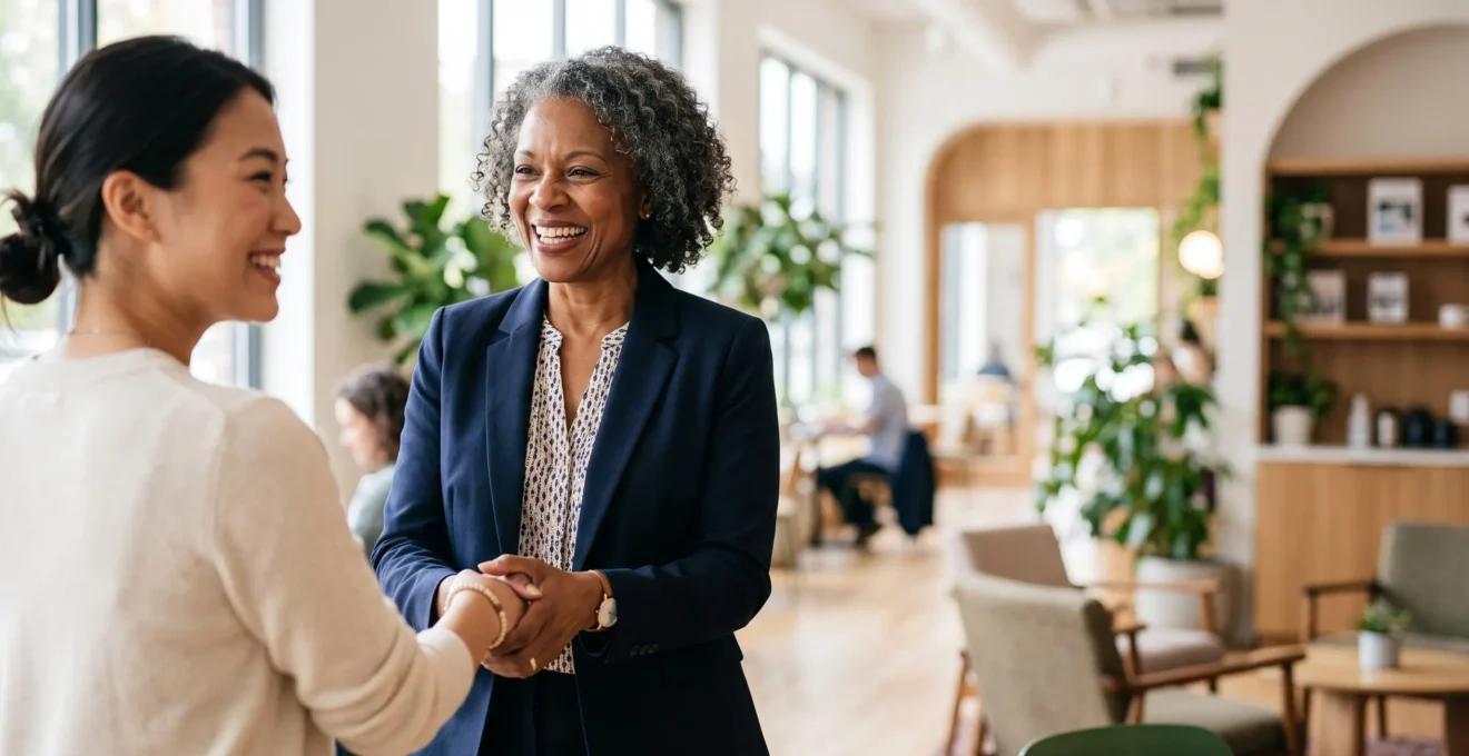 Deux professionnels échangent une poignée de main sincère dans un cadre lumineux et épuré, symbolisant la construction d'un réseau de contacts qualifiés et authentiques.