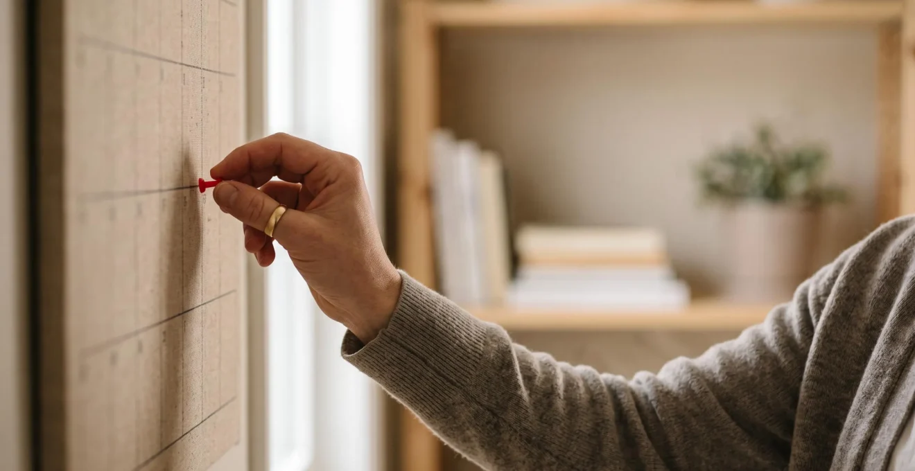 Main d'un entrepreneur cochant un rappel sur un calendrier mural, symbolisant la routine mensuelle de la déclaration URSSAF