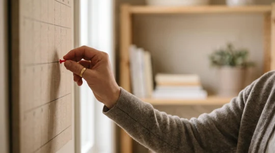 Main d'un entrepreneur cochant un rappel sur un calendrier mural, symbolisant la routine mensuelle de la déclaration URSSAF