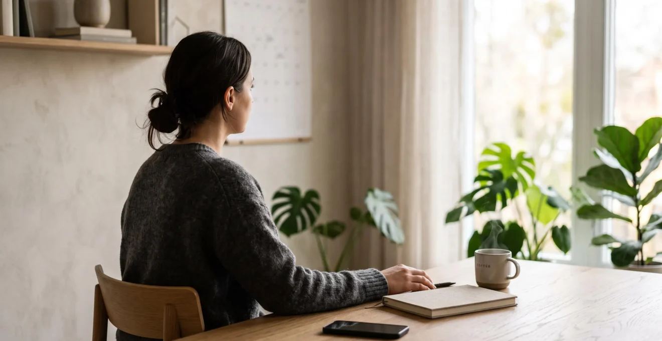 Entrepreneur organisant sa routine hebdomadaire de prospection dans un bureau lumineux et épuré