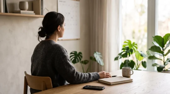 Entrepreneur organisant sa routine hebdomadaire de prospection dans un bureau lumineux et épuré