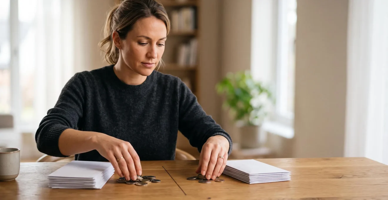 Entrepreneur organisant symboliquement ses finances personnelles et professionnelles sur un bureau épuré