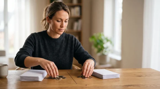 Entrepreneur organisant symboliquement ses finances personnelles et professionnelles sur un bureau épuré