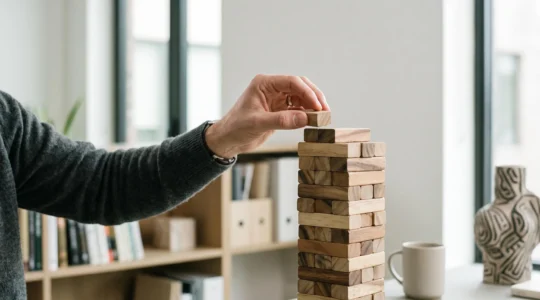 Entrepreneur mesurant symboliquement la croissance de son activité face à un seuil invisible, illustrant le dépassement des plafonds de la micro-entreprise