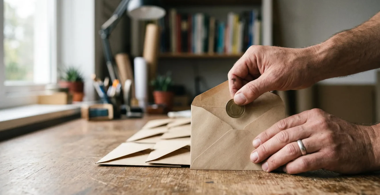 Entrepreneur indépendant plaçant une pièce dans une série d'enveloppes alignées, symbolisant le paiement mensuel unifié de l'impôt et des cotisations