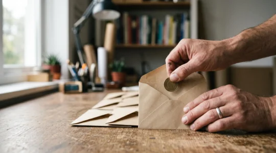 Entrepreneur indépendant plaçant une pièce dans une série d'enveloppes alignées, symbolisant le paiement mensuel unifié de l'impôt et des cotisations